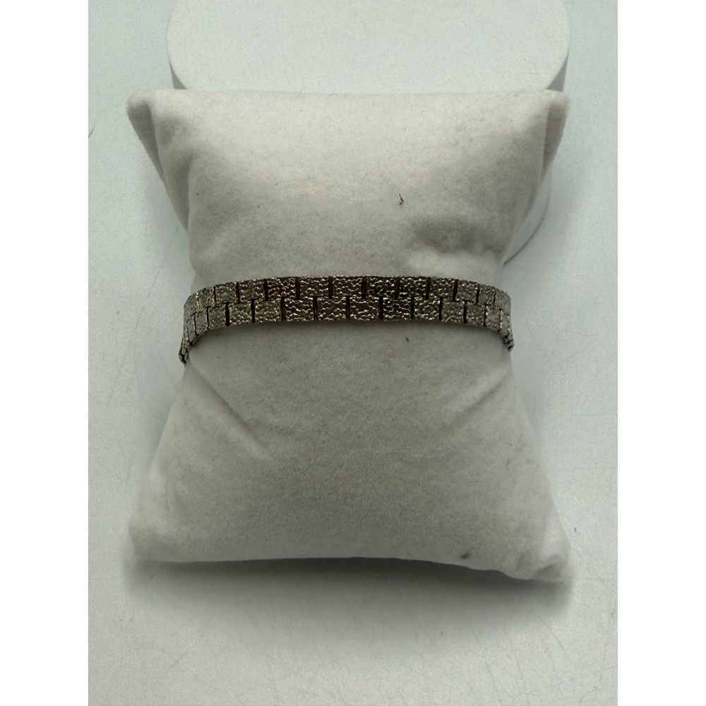 Vintage Silver Tone Textured Brick Link Bracelet Two Tone Lobster Clasp 7.5 Inch